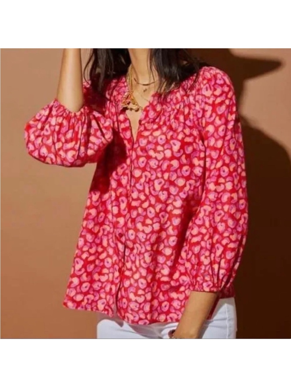 Tucker Womens Silk Leopard animal Print Button Down Blouse Top Red pink